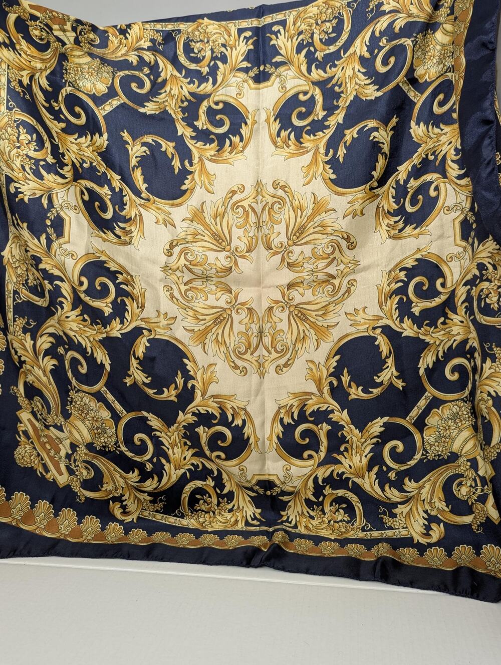 Hong Qiao Vintage Silk Scarf Baroque Gold Acanthus Scroll Navy Blue Square 32x32